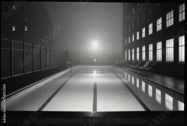 Obraz Swimming pool in the fog at night. 3D rendering.