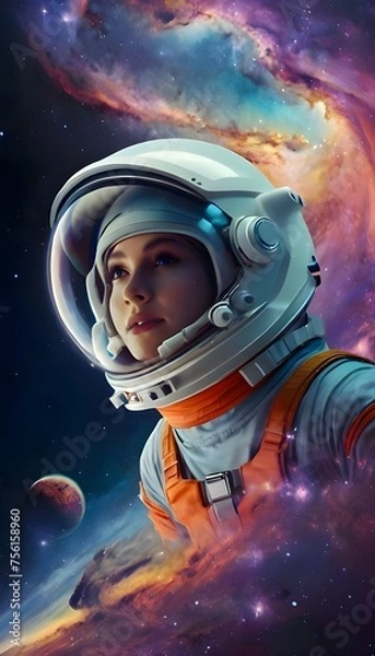 Fototapeta Galactic Elegance: Astronaut Woman Floating in Space with Andromeda Galaxy