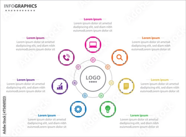 Obraz Circle infographic template with 7 options for presentations. Vector infographic design template. diagram, number options. Data visualization. Business concept with 7 steps, seven process.