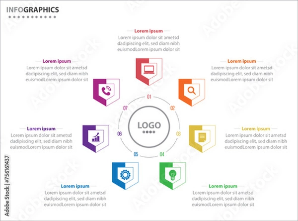 Fototapeta Circle infographic template with 7 options for presentations. Vector infographic design template. diagram, number options. Data visualization. Business concept with 7 steps, seven process.