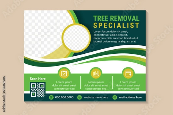 Obraz tree removal specialist banner design. Agricultural and farming services web social media post lawn gardening template design. horizontal layout with space for photo. green and yellow element.