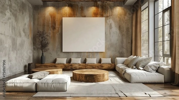 Fototapeta Modern white upholstered sofa with concrete wall with canvas in a white square frame. Minimalist style. Urban interior design of a modern living room.