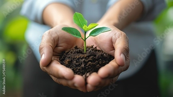 Fototapeta Close-up Plant in hands of business people for teamwork, support or environment Collaborating, growing, and investing in people and the soil for the future.
