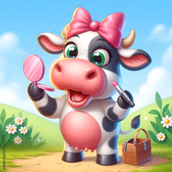 Obraz Cartoon: A standing cow applying makeup