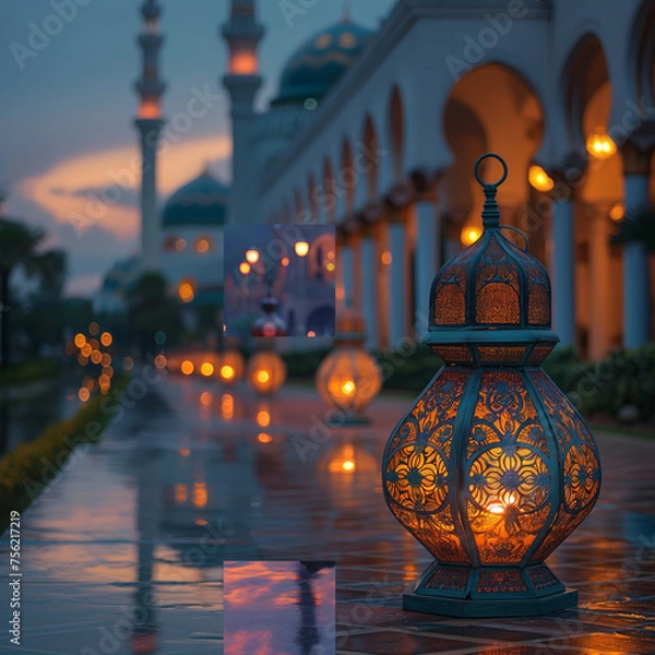 Obraz Ramadan Kareem greeting photo with serene mosque background with beautiful glowing lantern.ai technology