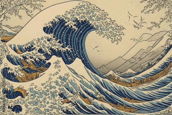 Fototapeta A painting of a wave with mountains in the background