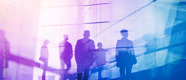 Fototapeta Wide Business Banner with Blurred Business People, Buildings, and Architectural Details in Blue and Pink-Purple Hues. Ai generated