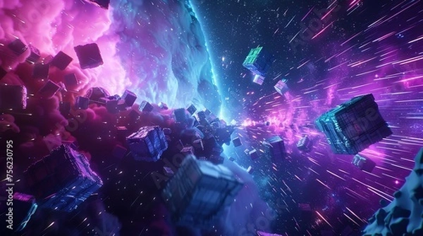 Fototapeta Virtual Reality space world in a block, cube effect. Video Game retro asteroid field. purple, pink and blue lights racing along a digital landscape. 3D render 