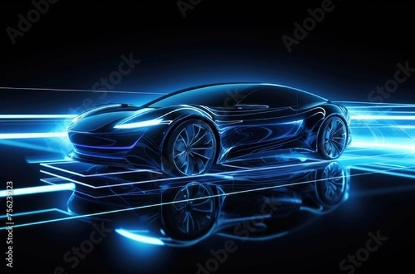 Obraz car is shown in the background with glowing lines and neon light effects, creating an atmosphere of futuristic technology.