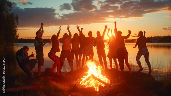 Obraz A group of people are gathered around a fire, celebrating and having fun