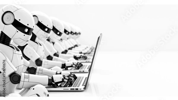 Fototapeta A group of robots are sitting in front of a laptop