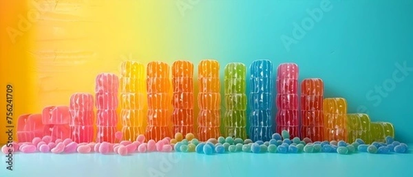 Fototapeta Vibrant Gummy Bear City Skyline against a Pastel Gradient Backdrop
