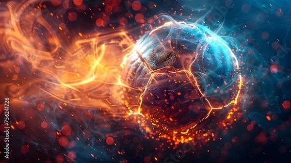 Fototapeta Soccer Ball of a Dynamic Explosion of Energy and Flames in a Dark Space