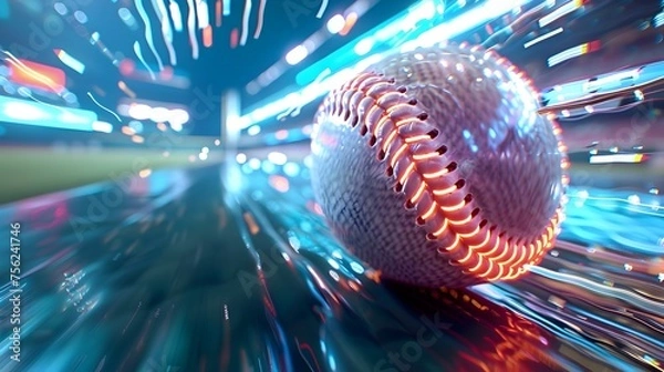 Fototapeta Baseball Ball in Dynamic Motion A Hyperrealistic Capture of High-Speed Action and Neon-Lit Stadium Lights