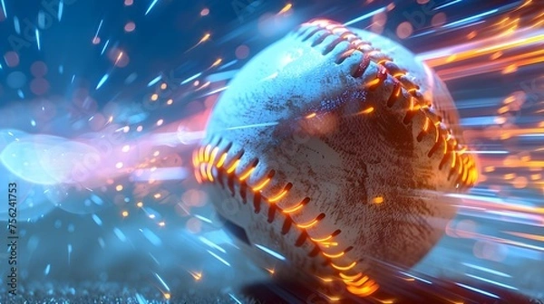 Obraz Orange Stitching Baseball in Motion Leaves Dynamic Trail of Light and Sparks Against Abstract Blue Background