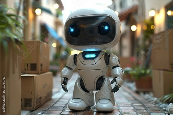 Fototapeta Robot Walking Down Street Next to Boxes
