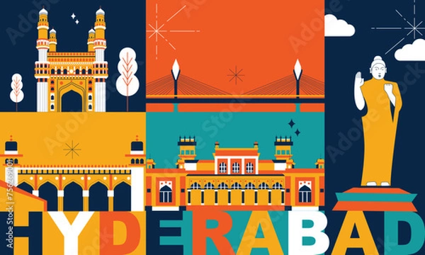 Obraz Hyderabad culture travel set, famous architectures and specialties in flat design. Business travel and tourism concept clipart. Image for presentation, banner, website, advert, flyer, roadmap, icons