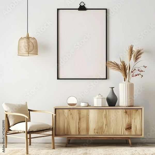 Fototapeta beautiful interior design furniture with mockup poster artwork with border frame interior house template for your design clean minimalist style decoration home interior background ideas