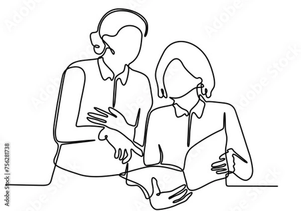 Fototapeta continuous line art vector illustration Woman reading a magazine and discussing fashion trends or articles by journalists with city news