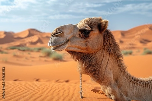Fototapeta Camel posing against the backdrop of sweeping desert dunes and a bright blue sky.