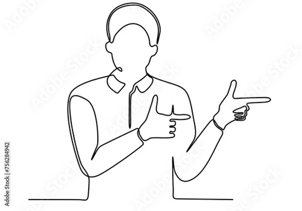 Fototapeta continuous line art vector illustration Smiling man showing good sales offer