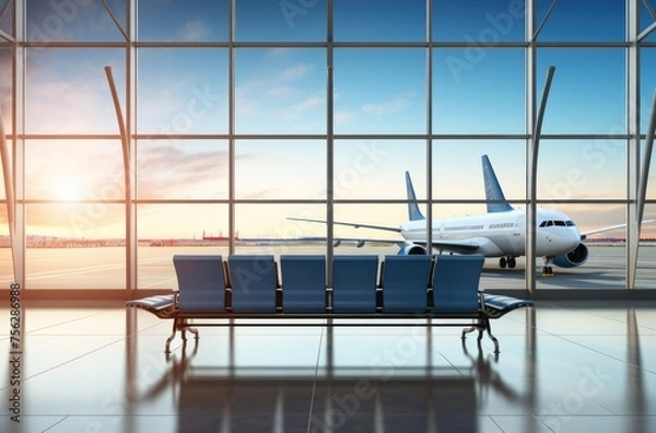 Fototapeta Clean airport waiting area interior with seats and windows with landscape view. Travel and lifestyle concept