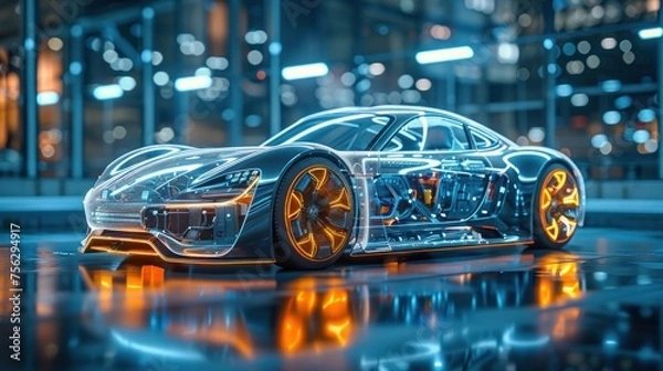 Fototapeta futuristic electric sport fast car chassis and battery packs with high performance or future EV fatory production and prototype showcase concepts as wide banner with copy space