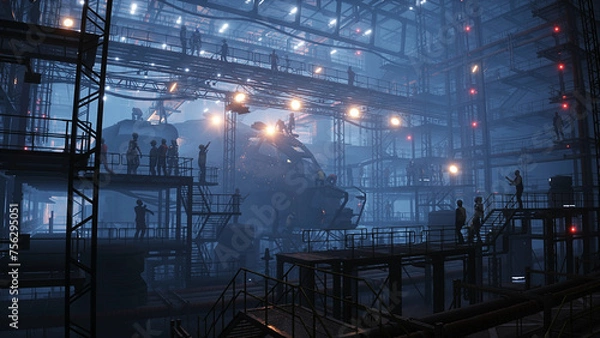 Fototapeta Production of military futuristic ship at the factory. People and robots Future concept. 3d rendering.