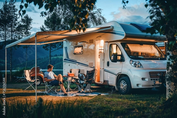 Obraz A peaceful image of a couple relaxing outside their motorhome as day turns to night in a scenic campsite