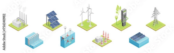 Fototapeta Renewable Green Energy Source Technology and Facility Vector Set