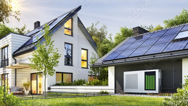 Obraz Modern house with solar panels and storage batteries