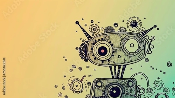 Fototapeta Cute robot. Abstraction, children's, doodle, hardware, machine, technology, mechanism, android, assistant, cyborg, toy, program. Generated by AI