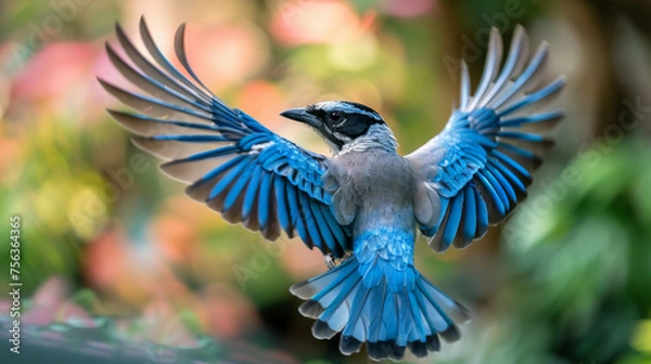 Fototapeta A blue bird with a black beak is flying in the air