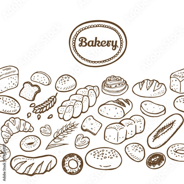Fototapeta Hand drawn seamless bakery border.