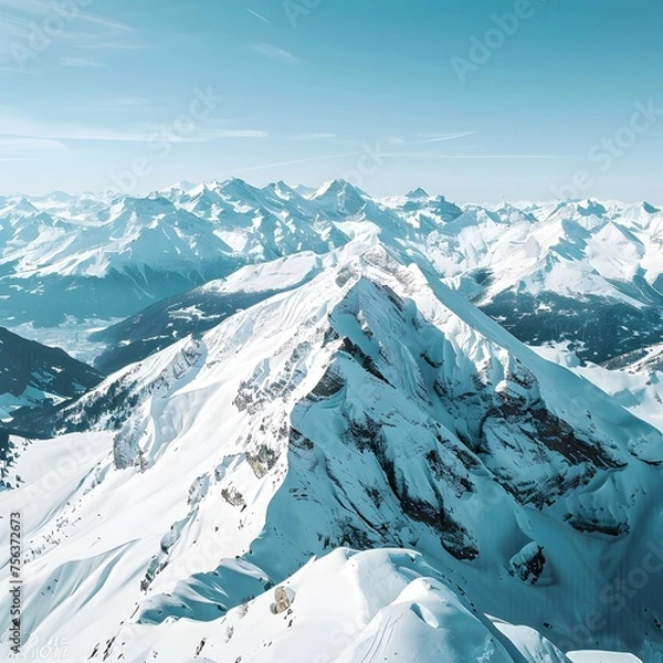Fototapeta Aerial drone capture of the serene, snow-capped Alpine peaks under a clear, blue sky showcasing a panoramic winter wonderland.