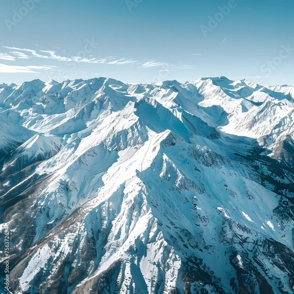 Fototapeta Aerial view of the snow-capped Alpine peaks under a clear blue sky, showcasing a serene winter panorama.