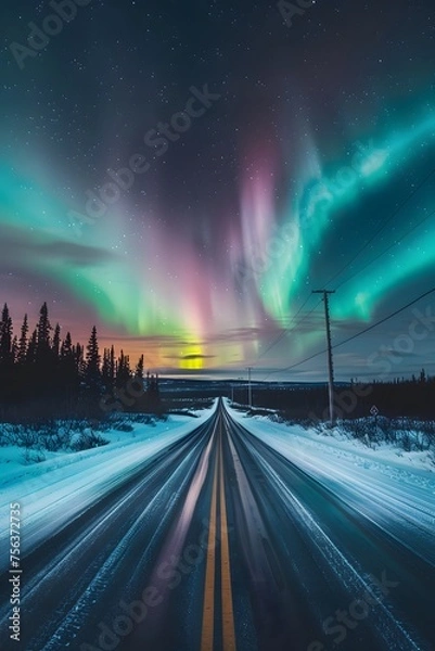 Obraz A stunning aurora borealis paints the Canadian sky in vibrant greens and pinks, with a snow-covered road winding through a serene tree-filled landscape.