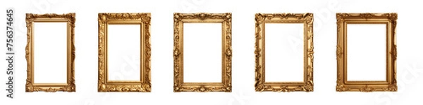 Fototapeta Collection of antique gold picture rectangular frames isolated on a transparent background, PNG