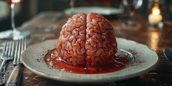 Fototapeta Brain on the plate with red sauce poured over it, Healthy food for your thoughts