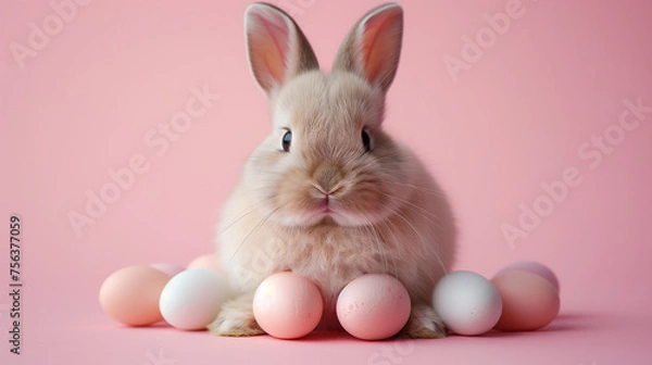 Fototapeta a funny rabbit sits next to some Easter eggs
