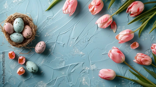 Fototapeta background with tulips and Easter eggs