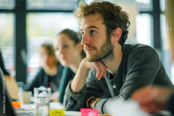 Fototapeta Portrait of a man participating in a brainstorming session. A slide background for showcasing the brainstorming process. Created with Generative AI technology.