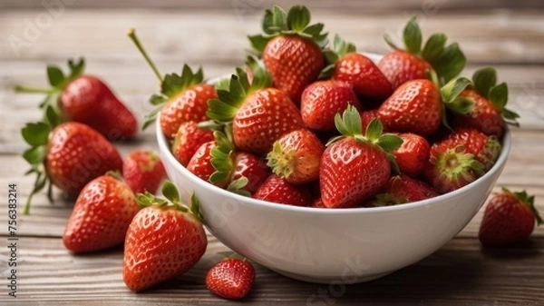 Fototapeta Strawberries in a white bowl on a wooden table.