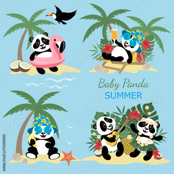 Obraz Collection of cute little pandas on summer holiday.