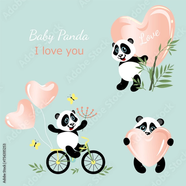 Obraz Collection of cute loving pandas with hearts.