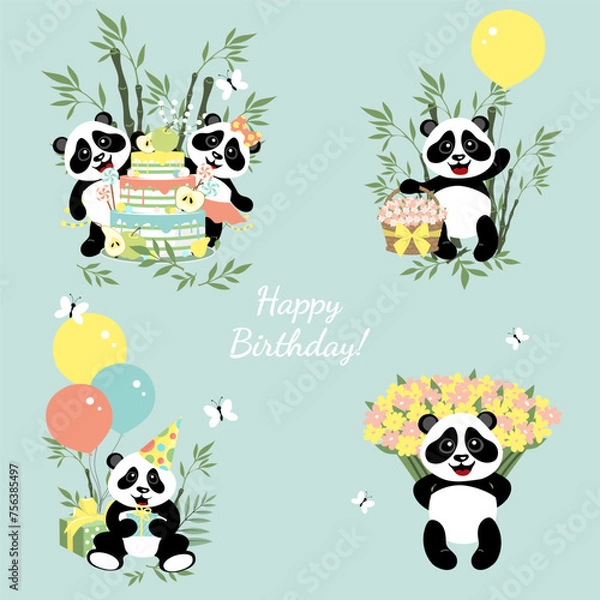 Obraz Collection of little pandas. Happy birthday.