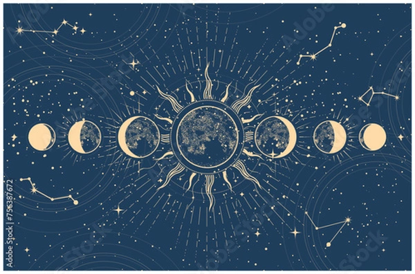 Fototapeta Lunar phases and moon eclipse, mystical moon in space, astrology and horoscope background, oneiromancy, vector
