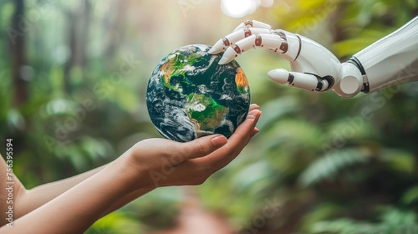 Fototapeta a human hand and a robot hand touch the globe