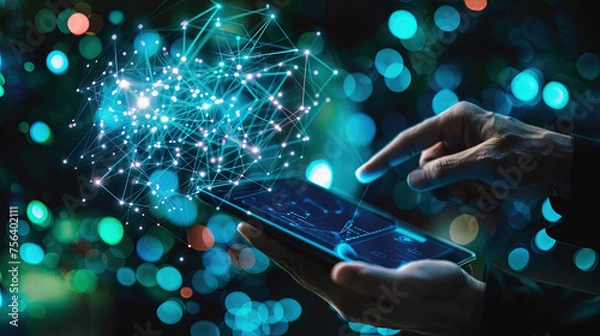 Fototapeta A close-up view of a hand touching a smartphone screen, emitting a complex network of glowing digital connections on a bokeh light backdrop