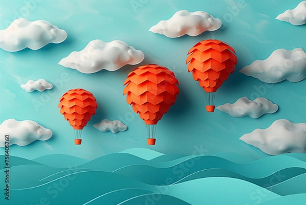Fototapeta a 3 red balloons flies above the sea waves.